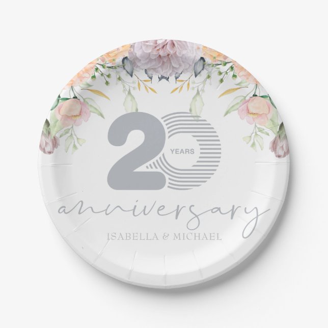 Personalised 20th Wedding Anniversary Floral Paper Plate (Front)