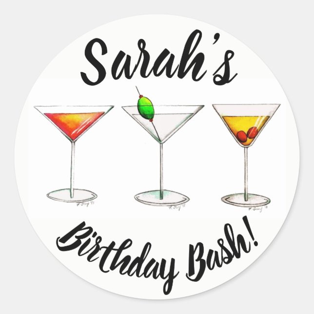 Personalised 21st Birthday Bash Party Cocktails Classic Round Sticker (Front)
