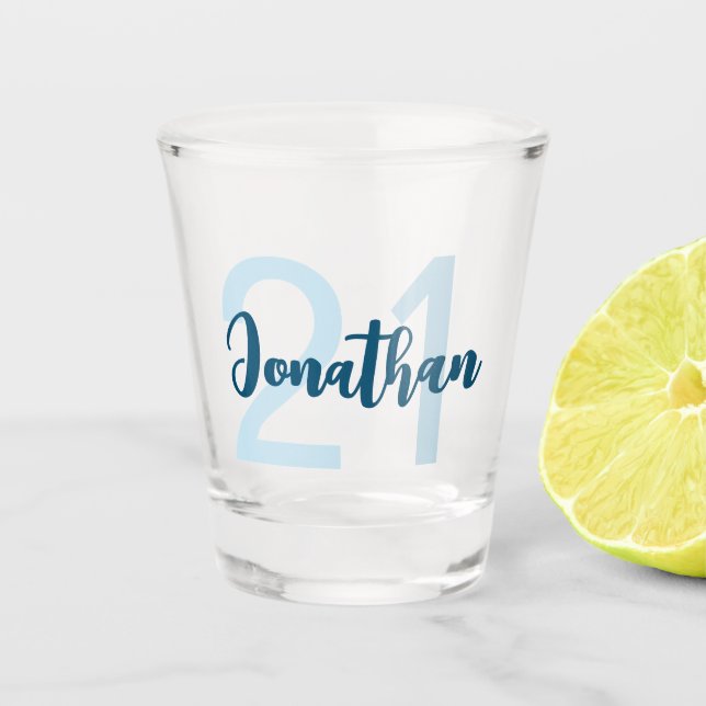 Personalised 21st Birthday Blue Script For Him Shot Glass (Front)