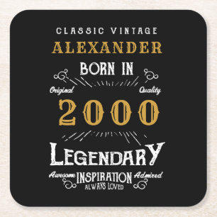 Personalised 21st Birthday Born 2000 Vintage Black Square Paper Coaster