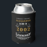 Personalised 21st Birthday Born 2002 Vintage Black Can Cooler<br><div class="desc">A personalised classic can cooler design for that birthday celebration for somebody born in 2002 and turning 21. Add the name to this vintage retro style black, white and gold design for a custom 21st birthday gift. Easily edit the name and year with the template provided. A wonderful custom black...</div>