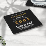 Personalised 21st Birthday Born 2004 Vintage Black Square Paper Coaster<br><div class="desc">A personalised classic paper coaster design for that birthday celebration for somebody born in 2004 and turning 21. Add the name to this vintage retro style black, white and gold design for a custom 21st birthday gift. Easily edit the name and year with the template provided. A wonderful custom black...</div>