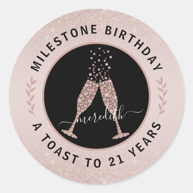 Personalised 21st Birthday Glitter Champagne Toast Classic Round Sticker (Front)