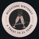 Personalised 21st Birthday Glitter Champagne Toast Classic Round Sticker<br><div class="desc">On a delicate blush pink background, our feminine 21st Birthday envelope seal sticker features blush glitter ombre overlays on top and bottom for added sparkle. Inside a black and rose gold circle logo, bubbling champagne glasses clink together in a toast to the birthday honoree. Text circled around the logo reads...</div>