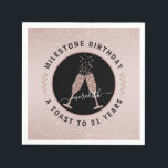 Personalised 21st Birthday Glitter Champagne Toast Napkin<br><div class="desc">On a delicate blush pink background, our feminine 21st Birthday party napkins feature blush glitter ombre overlays on top and bottom for added sparkle. Inside a black and rose gold circle logo, bubbling champagne glasses clink together in a toast to the birthday honoree. Text circled around the logo reads "Milestone...</div>