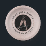 Personalised 21st Birthday Glitter Champagne Toast Paper Plate<br><div class="desc">On a delicate blush pink background, our feminine 21st Birthday party plates feature blush glitter ombre overlays on top and bottom for added sparkle. Inside a black and rose gold circle logo, bubbling champagne glasses clink together in a toast to the birthday honoree. Text circled around the logo reads "Milestone...</div>