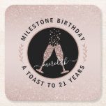 Personalised 21st Birthday Glitter Champagne Toast Square Paper Coaster<br><div class="desc">On a delicate blush pink background, our feminine 21st Birthday coaster features blush glitter ombre overlays on top and bottom for added party bling. Inside a black and rose gold circle logo, bubbling champagne glasses clink together in a toast to the birthday honoree. Text circled around the logo reads "Milestone...</div>
