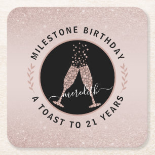 Personalised 21st Birthday Glitter Champagne Toast Square Paper Coaster