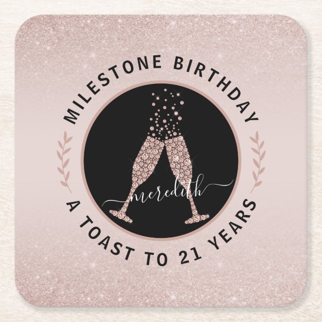 Personalised 21st Birthday Glitter Champagne Toast Square Paper Coaster (Front)