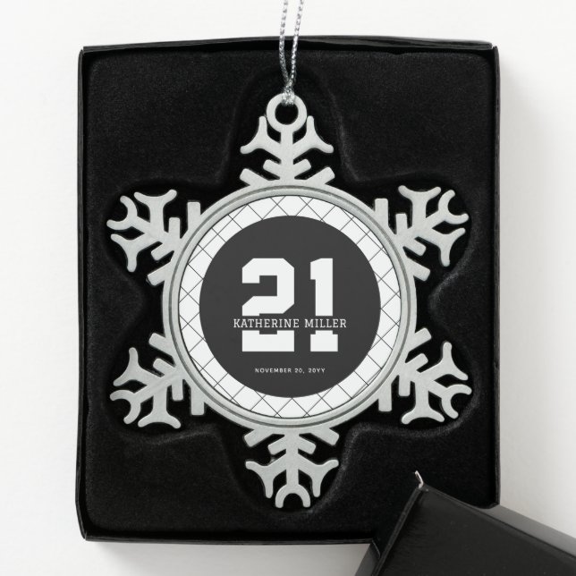Personalised 21st Birthday Modern and Elegant   Snowflake Pewter Christmas Ornament (Box)