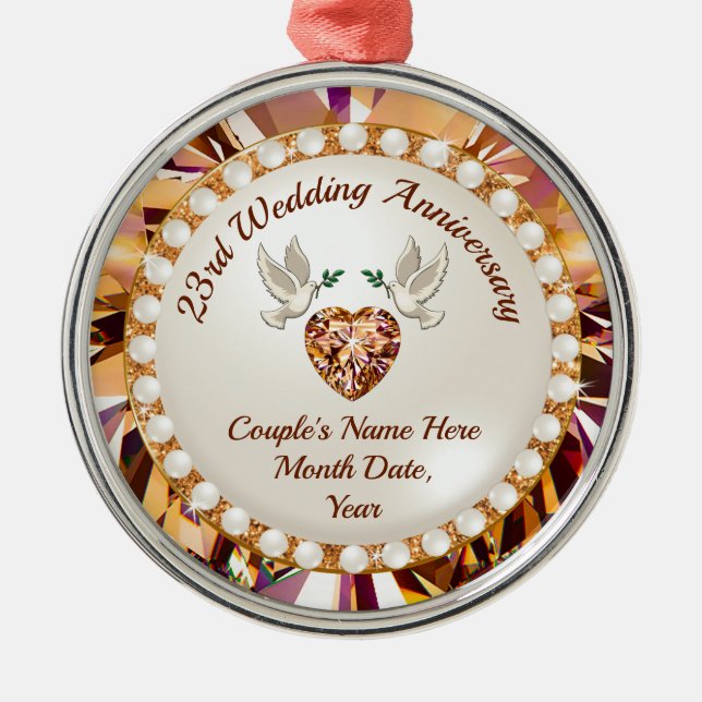 Personalised, 23 year Wedding Anniversary Present Metal Tree Decoration (Front)