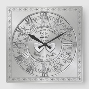 Personalised 25h Silver Wedding Anniversary Gift Square Wall Clock