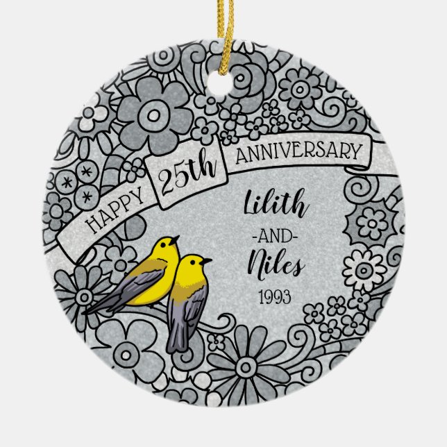 Personalised 25th Anniversary, Silver Floral Birds Ceramic Tree Decoration (Front)