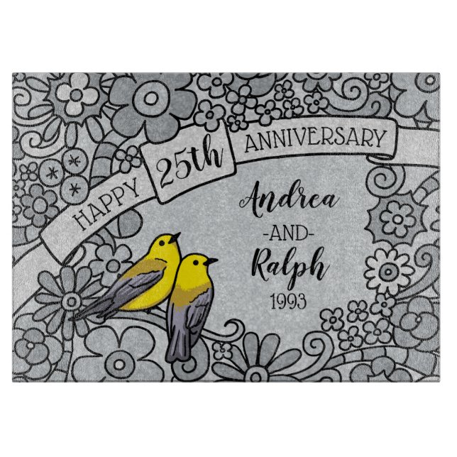 Personalised 25th Anniversary, Silver Floral Birds Cutting Board (Front)