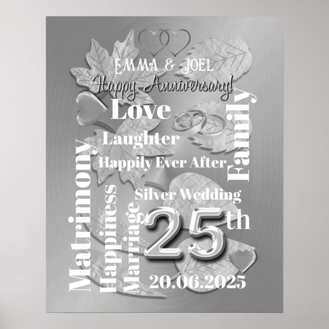 Personalised 25th Si,ver Wedding Anniversary Poster (Front)