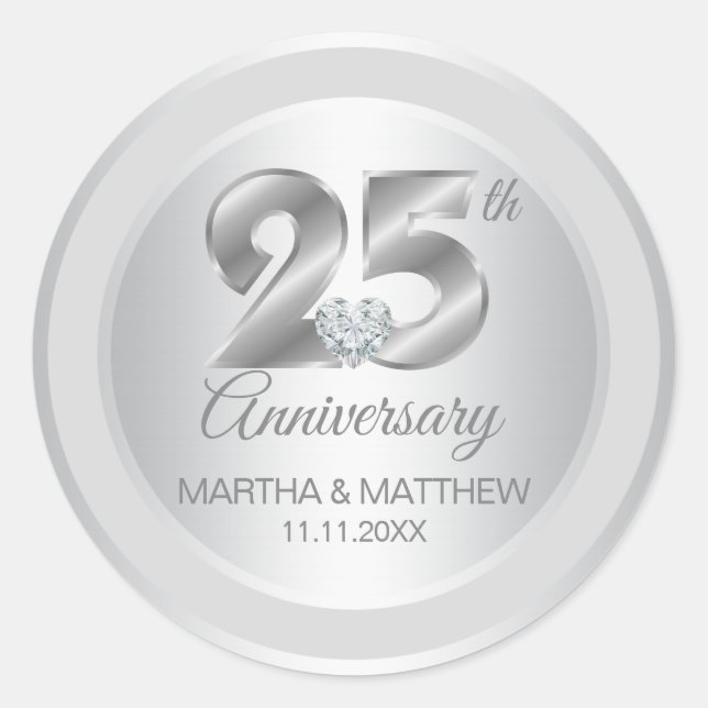 Personalised 25th Silver Foil Wedding Anniversary Classic Round Sticker (Front)