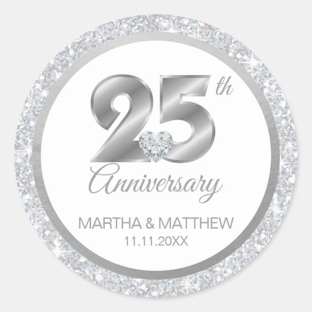 Personalised 25th Silver Wedding Anniversary Classic Round Sticker (Front)