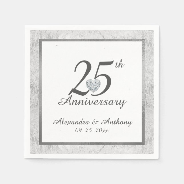 Personalised 25th Silver Wedding Anniversary Heart Napkin (Front)