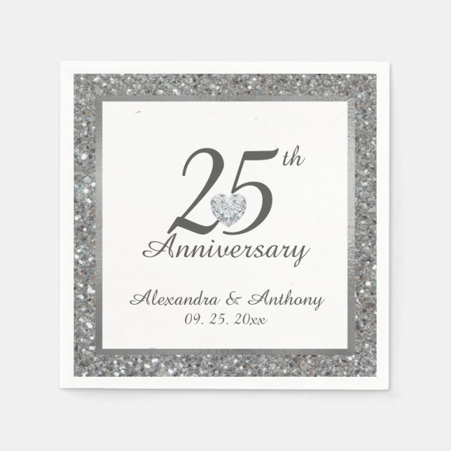 Personalised 25th Silver Wedding Anniversary Heart Napkin (Front)