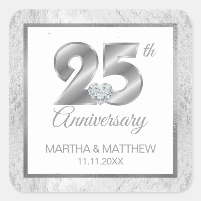 Personalised 25th Silver Wedding Anniversary Square Sticker (Front)