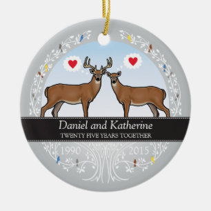 Personalised 25th Wedding Anniversary, Buck & Doe Ceramic Tree Decoration