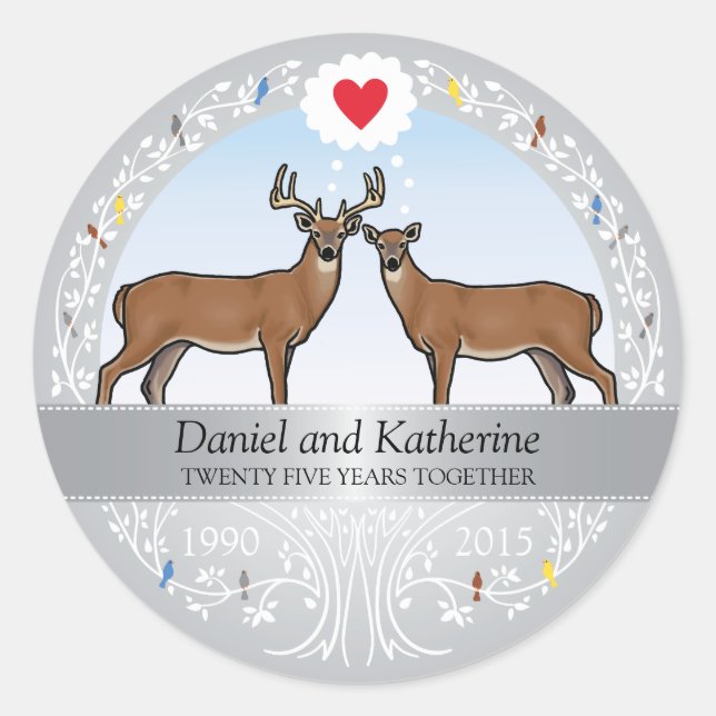 Personalised 25th Wedding Anniversary, Buck & Doe Classic Round Sticker (Front)