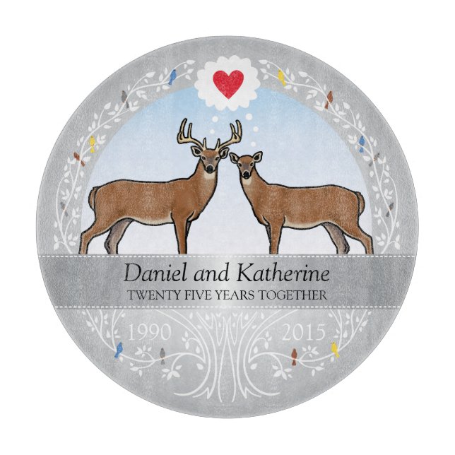 Personalised 25th Wedding Anniversary, Buck & Doe Cutting Board (Front)
