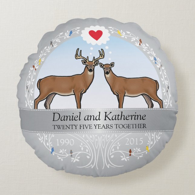 Personalised 25th Wedding Anniversary, Buck & Doe Round Cushion (Front)