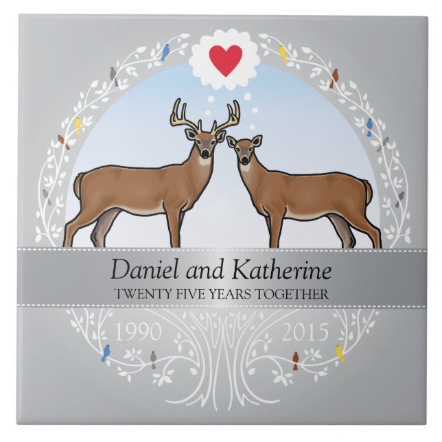 Personalised 25th Wedding Anniversary, Buck & Doe Tile (Front)