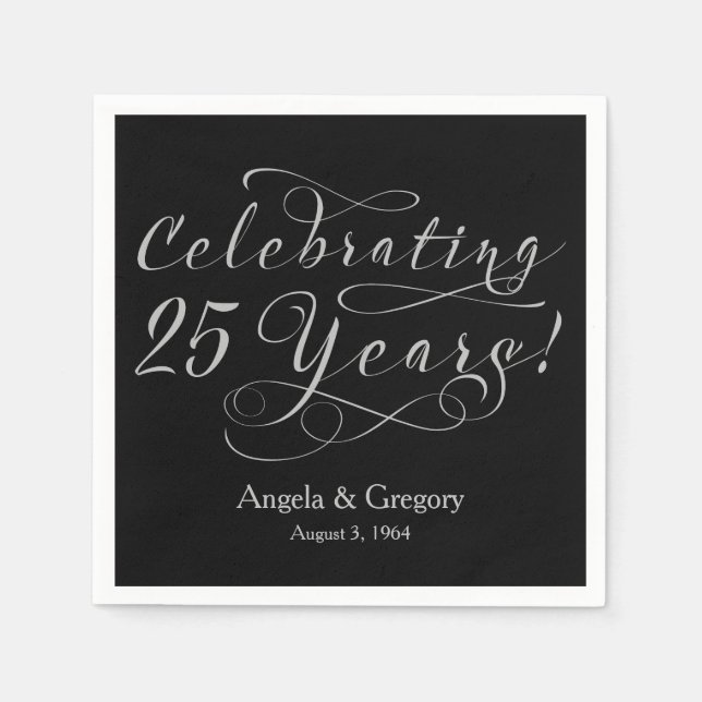 Personalised 25th Wedding Anniversary Silver Black Napkin (Front)