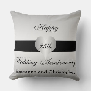 Personalised 25th Wedding Anniversary Silver Heart Cushion