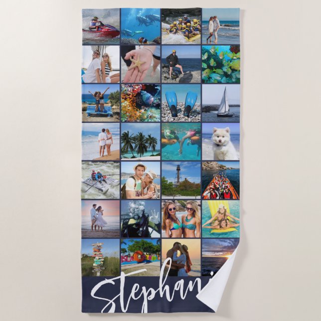 Personalised 28 Photo Collage Custom Colour Beach Towel (Front)