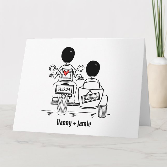 Personalised 2 Grooms Motorbike & Sidecar Wedding Card (Front)