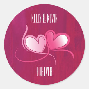 Personalised 2 Hearts Dancing on Fuschia Pink Classic Round Sticker