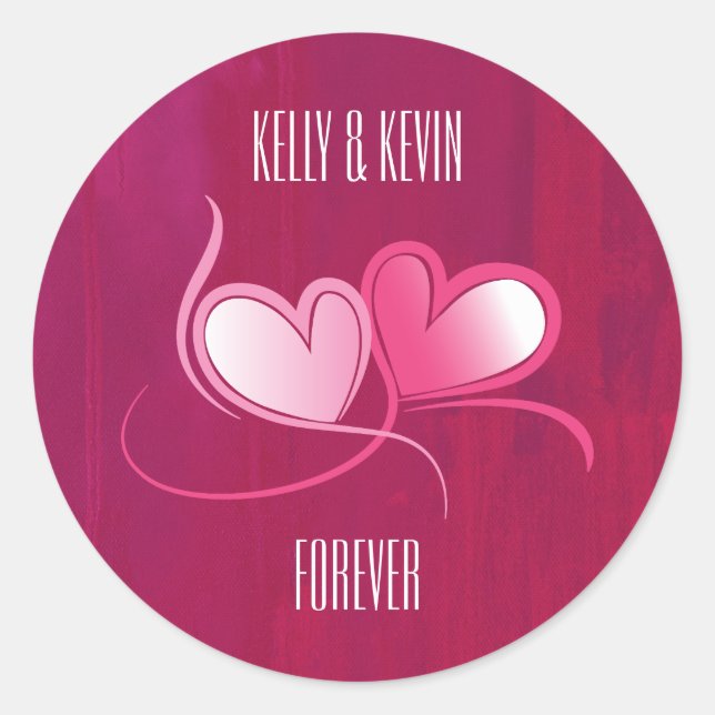 Personalised 2 Hearts Dancing on Fuschia Pink Classic Round Sticker (Front)
