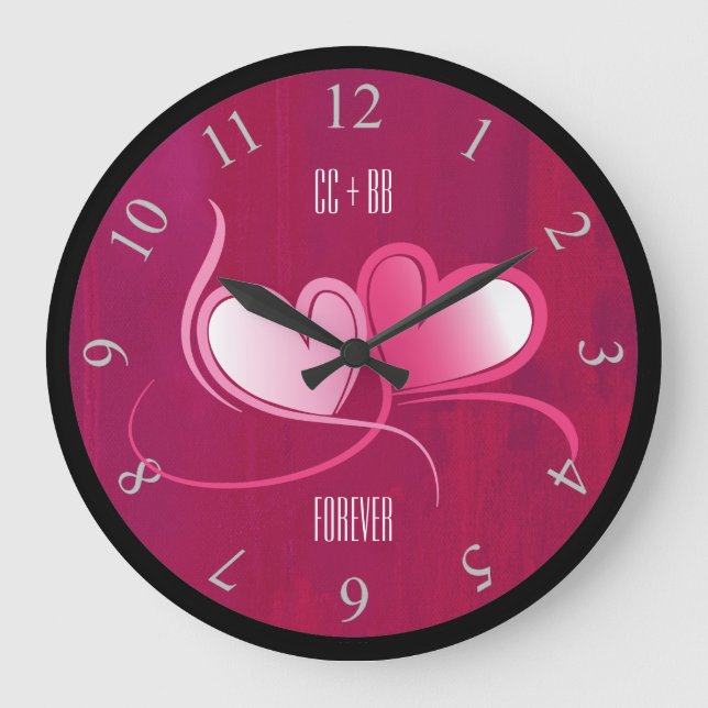 Personalised 2 Hearts on a Fuschia Pink Background Large Clock (Front)