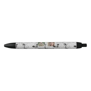 Personalised 2-Image Black & White Florals Ink Pen