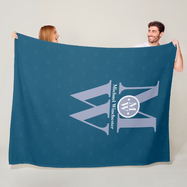 Personalised 2-letter Vertical Monogram Blue Fleece Blanket (In Situ)
