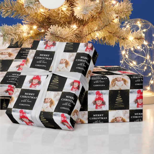 Personalised 2 Photo Black Gold Christmas Holiday Wrapping Paper (Holidays)