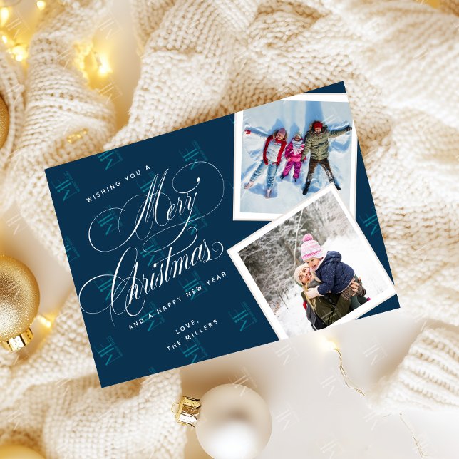 Personalised 2 Photo Collage Script Navy Blue  Holiday Card (Creator Uploaded)