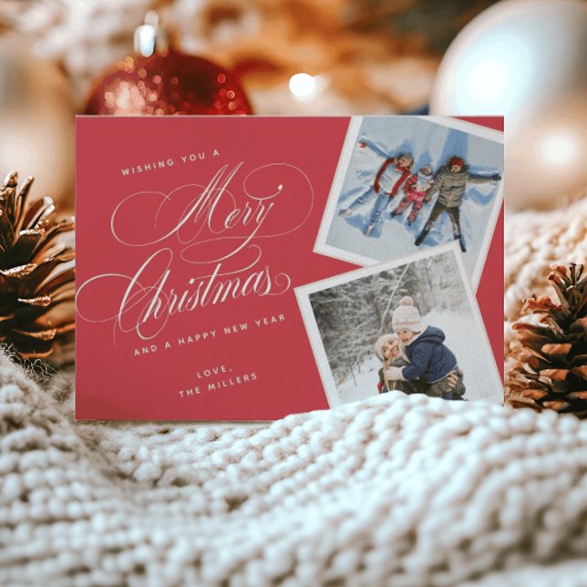 Personalised 2 Photo Collage Script Red  Holiday Card (Creator Uploaded)
