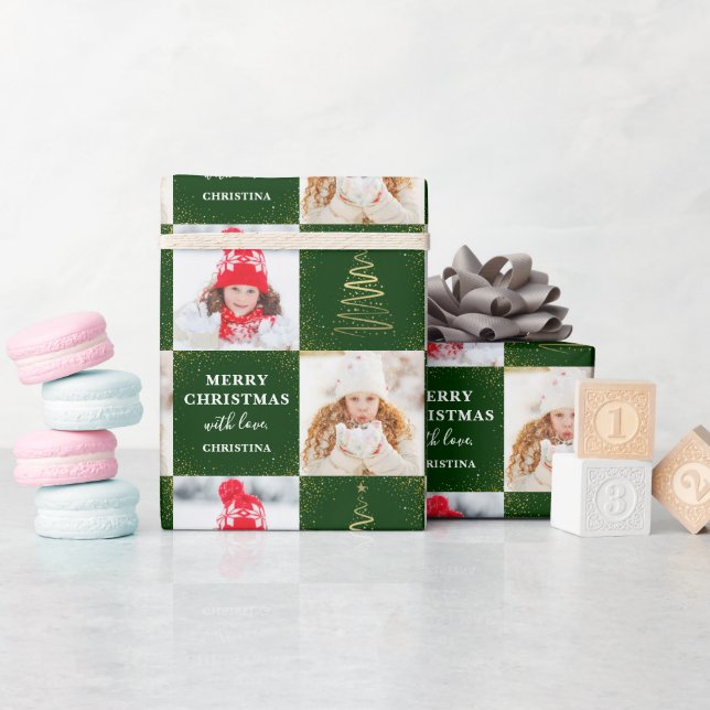 Personalised 2 Photo Green Gold Christmas Holiday Wrapping Paper (Baby Shower)