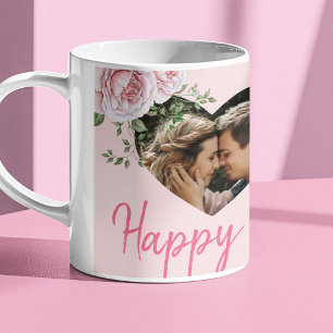 Personalised 2 photo hearts pink roses Valentine Coffee Mug