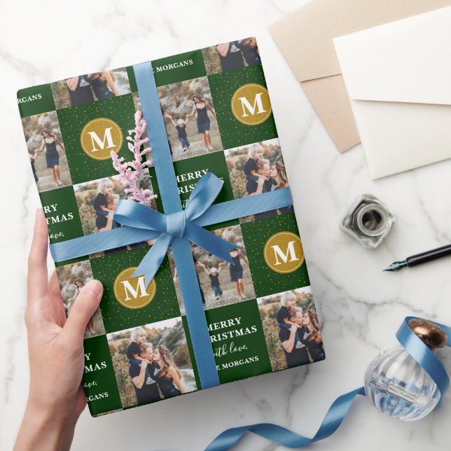Personalised 2 Photo Monogram Green Gold Holiday Wrapping Paper (Gifting)