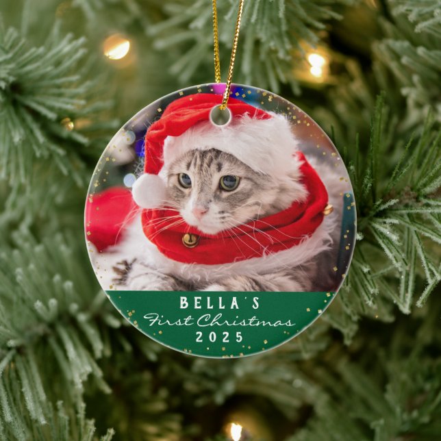 Personalised 2 Photo Pet Cat Meowy Christmas Green Ceramic Tree Decoration (Tree)