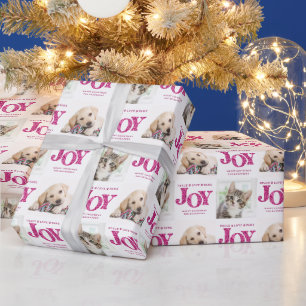 Personalised 2 Photo Pet Dog JOY Pink Holiday Gift Wrapping Paper