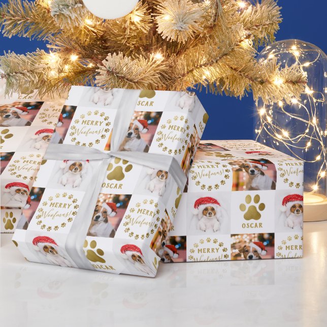 Personalised 2 Photo Pet Dog Puppy White Gold Paws Wrapping Paper (Holidays)