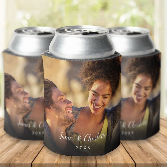 Personalised 2 Photo Script Name Date Can Cooler (Creator Uploaded)