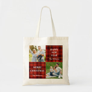 Personalised 2 Photo Tartan Pattern Plaid Holiday Tote Bag