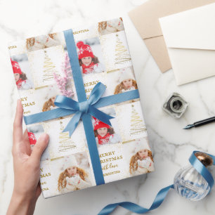 Personalised 2 Photo White Gold Christmas Holiday Wrapping Paper